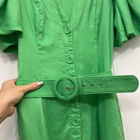 NICHOLAS Troy Dress Green Linen Midi Button Front Puff Sleeves US 4 Small - Picture 15 of 16